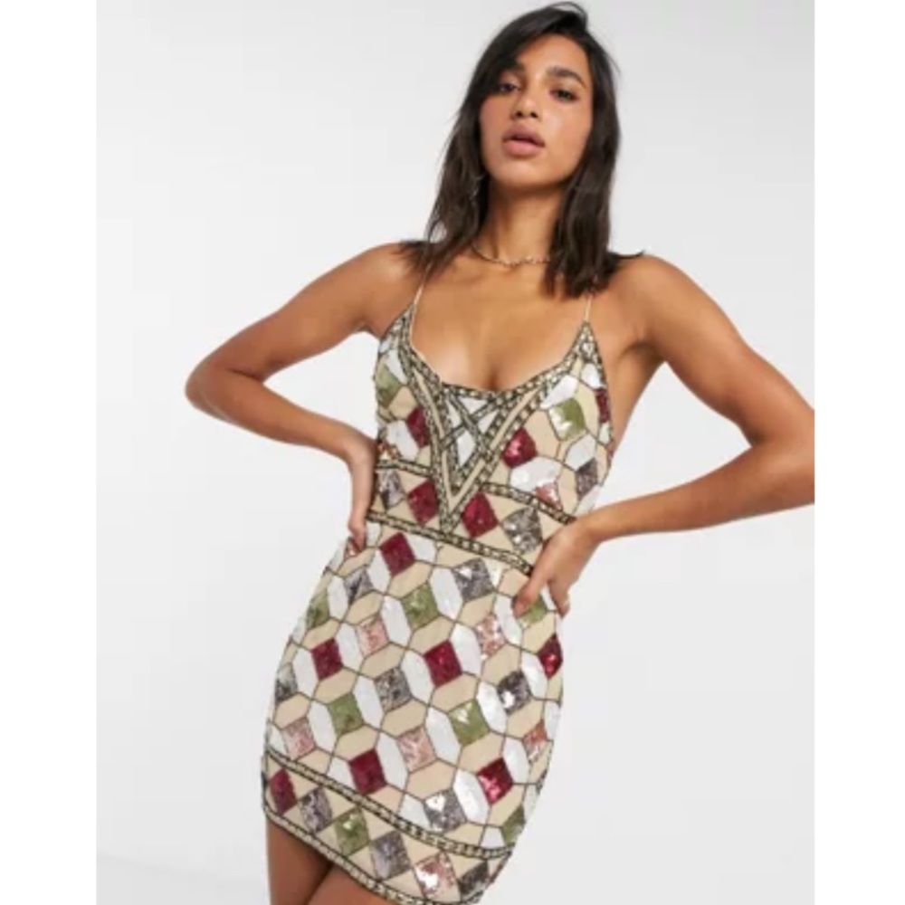 ASOS DESIGN Strappy Mini Dress with Tile Embellishment, Size 2